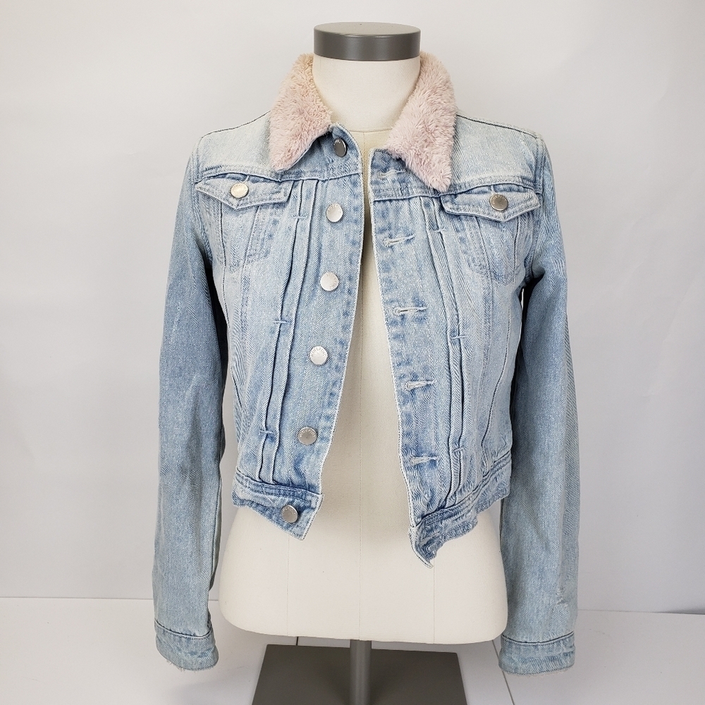 MINKPINK pink faux fur lined denim jacket size small